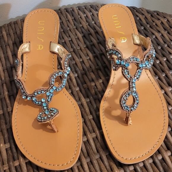 UNISA Womens Turquoise Rhinestone Thong Sandals Sz 8 2.5" Cork Wedge Beachy - Picture 1 of 10